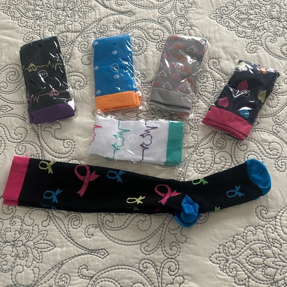 6 Colorful Patterned Copper Compression Casual Socks Set of 6 plus Sock Aid.